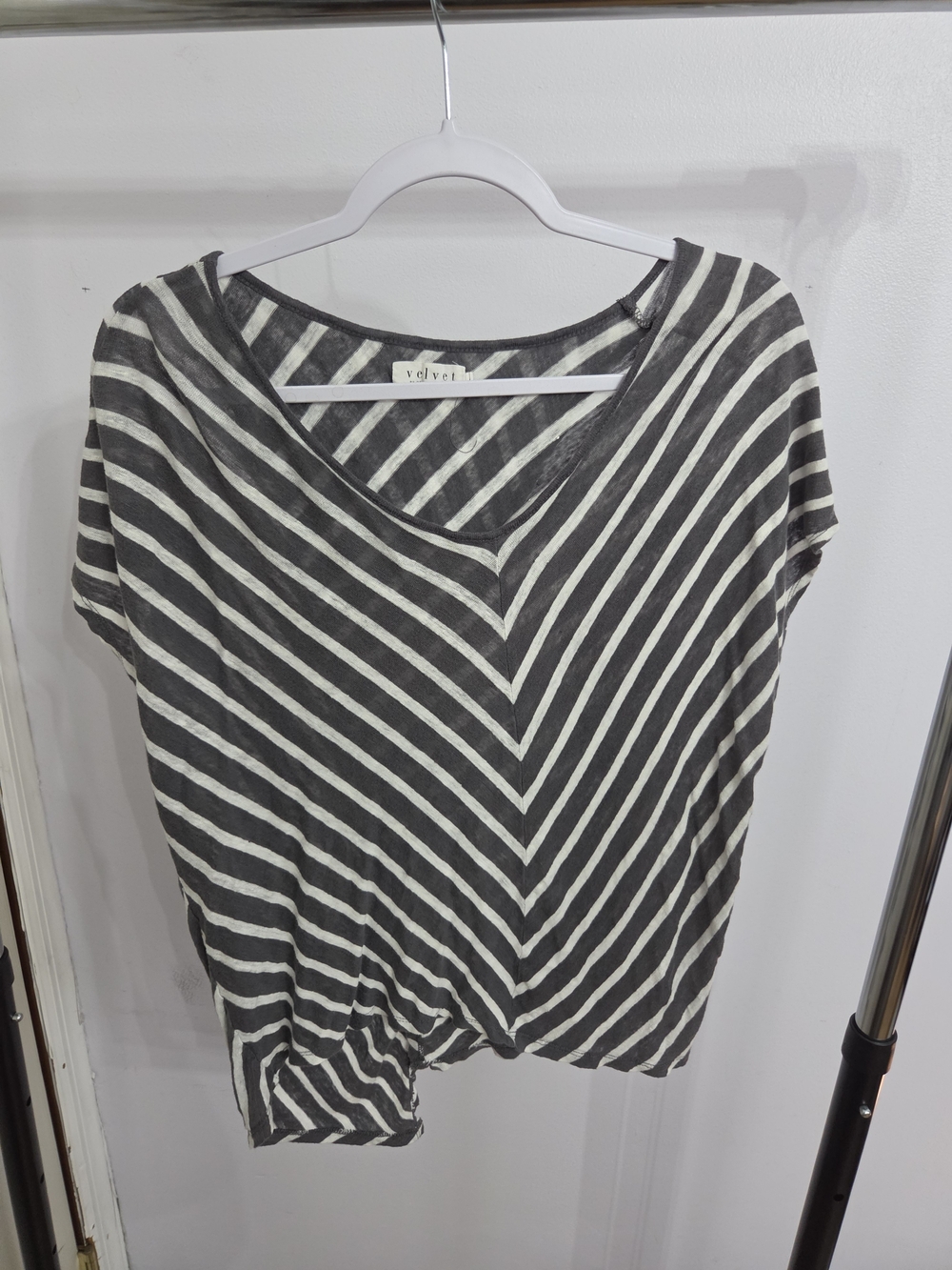 Velvet Striped V-Neck Short Sleeve Top - Gray & White